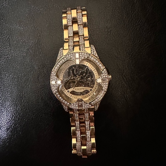 Elgin Men’s 14k Gold Plated Automatic Skeleton Luxury Watch with Lab Diamonds - Picture 5 of 5